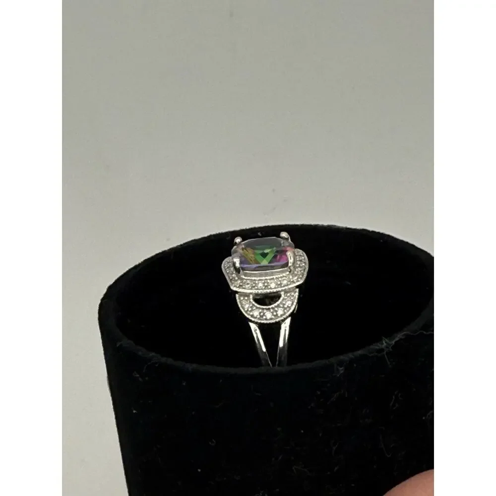 Mystic Topaz Halo Ring Sterling Silver Cushion 9mm Split Shank Sz 8